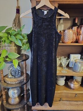 F21 Witchy Boho Sleeveless Black Velvet Midi Dress w stretch, small